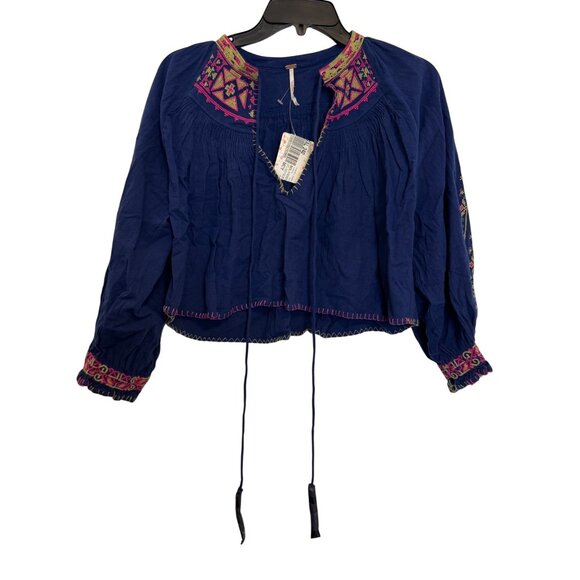 Free People Embroidered Peasant Blouse Womens XS Blue Multicolor Boho Top - Picture 1 of 6